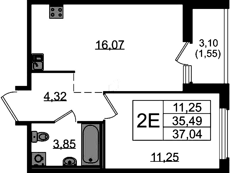 1-комнатная квартира 37.04 м², 12/15 эт., ЖК «GloraX Парголово»